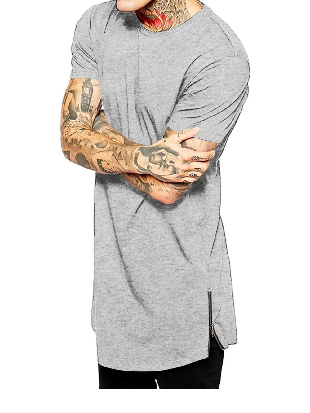 Topman Light Gray Short Sleeve Longline Crew T-Shirt with Side Zip